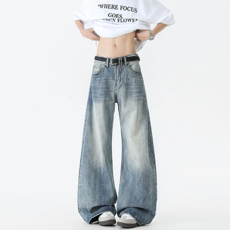 秋冬加绒加厚美式cleanfit竹节纹牛仔裤弯刀复古男女同款宽松直筒