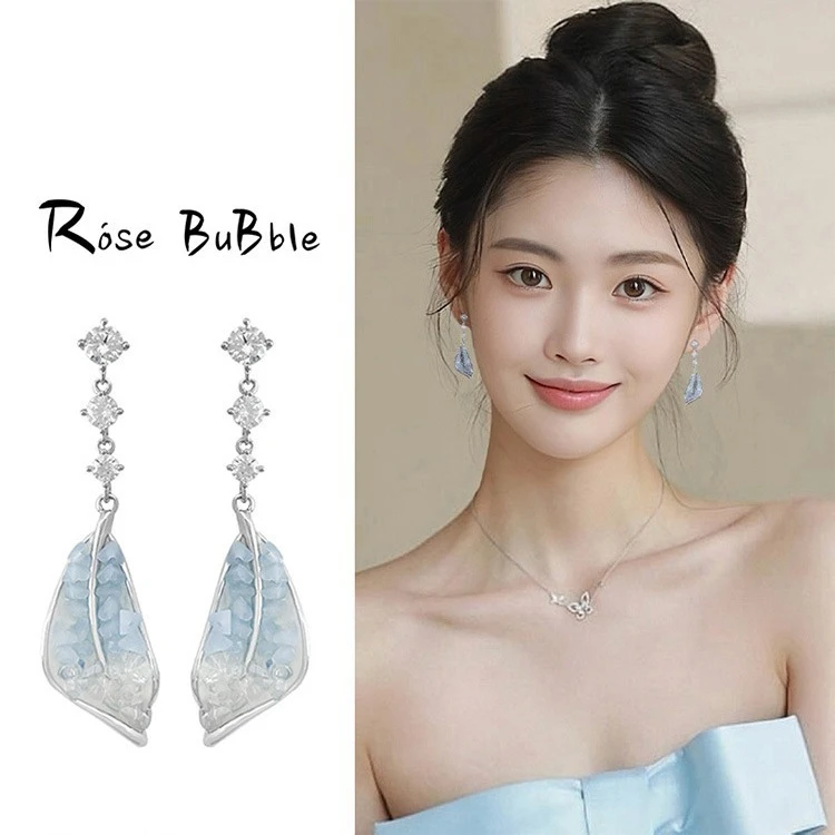 足银耳饰 「饰甄选」夏日海盐冰晶树叶流苏耳环轻奢高级感小众