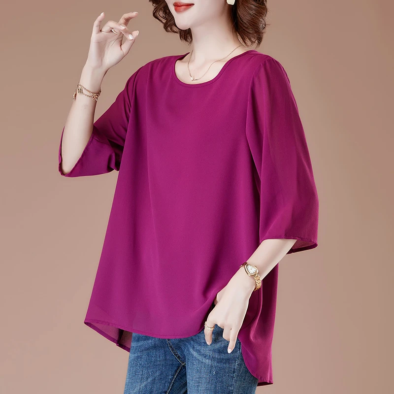 大码显瘦洋气时尚百搭夏季宽松中袖雪纺衫休闲遮肚子中长款纯色