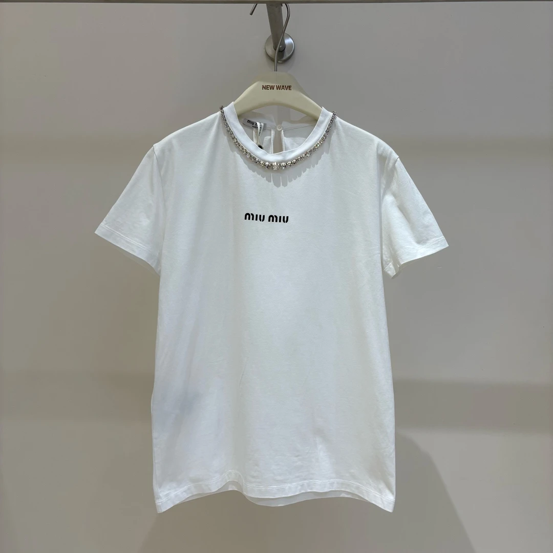 99新 MIU MIU/缪缪 MIU1497 重工亮钻领短袖T恤  M码 原价7000