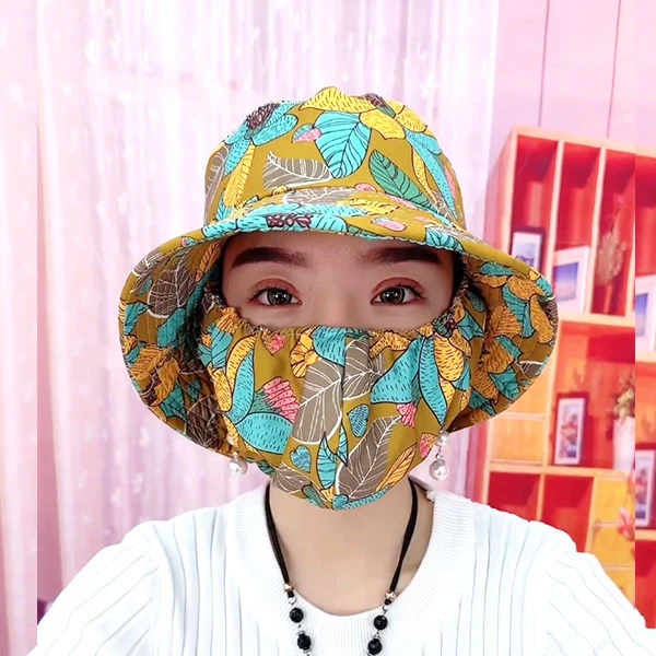夏季口罩一体帽女遮阳帽防晒太阳帽渔夫帽户外采茶帽防风骑行帽子