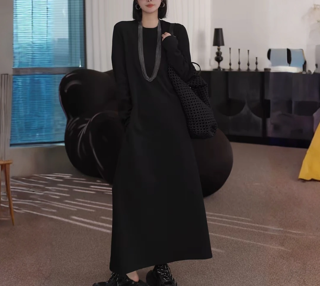 超有气质!加长宽松套头款长裙长袖高弹力连衣裙轻奢礼服黑色秋冬