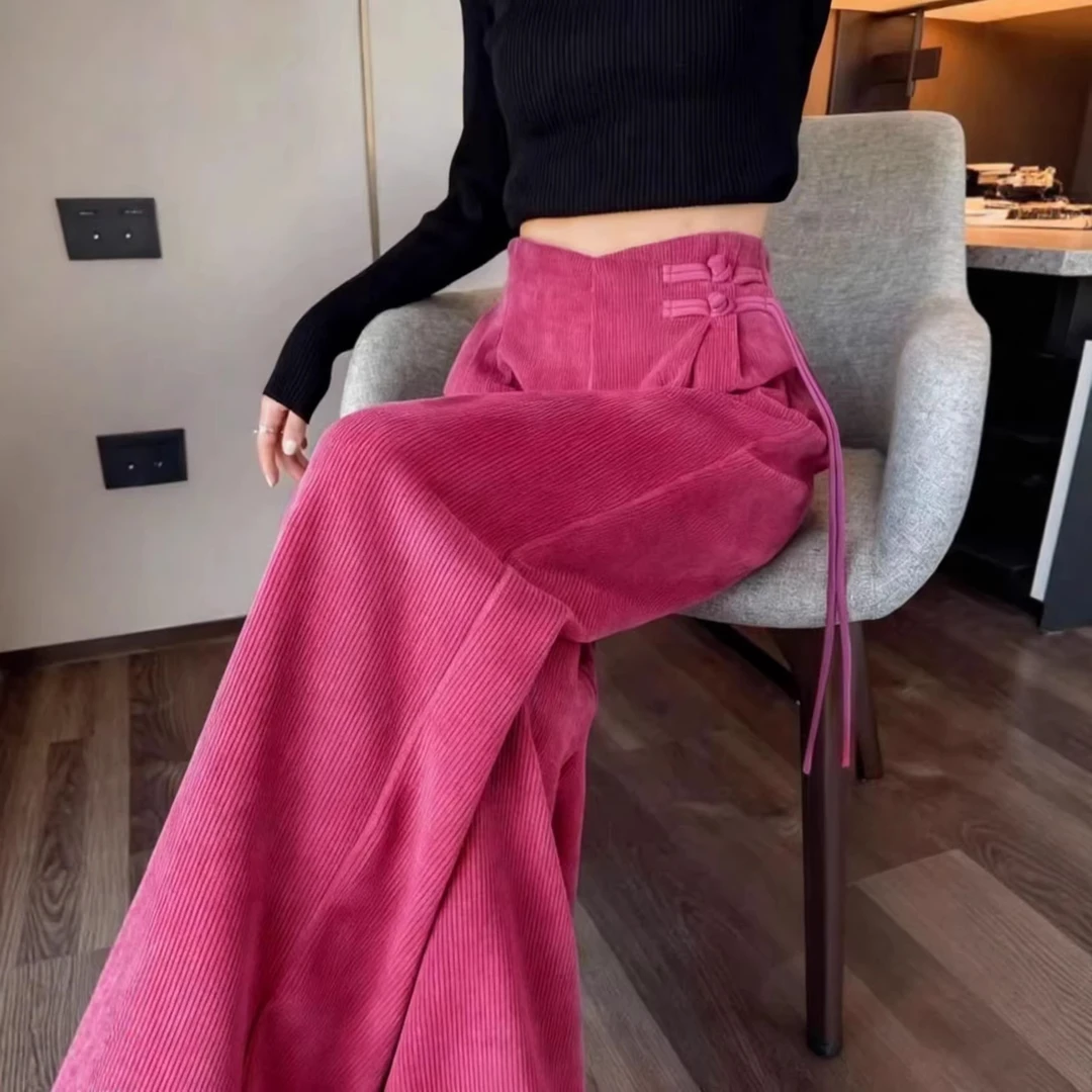 中式玫粉色灯芯绒高腰阔腿裤垂坠感软糯慵懒风窄版休闲裤加绒加厚