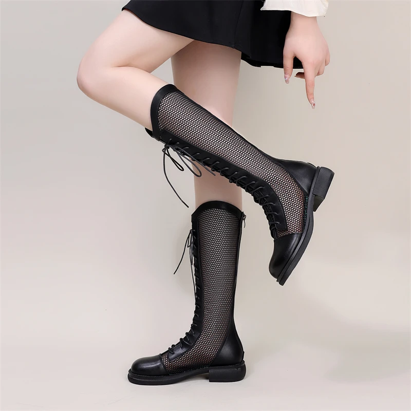 厚底网纱骑士靴女2025夏季新款透气增高显瘦靴配裙高筒长靴大码42