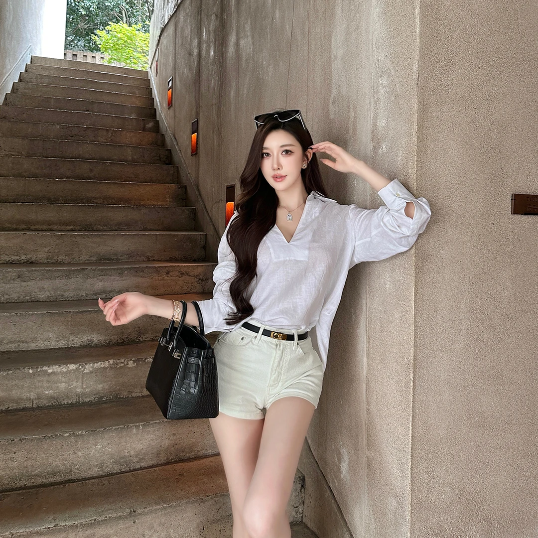 SX善喜超舒适亚麻宽松V领长袖衬衫上衣女休闲气质高级感简约衬衣