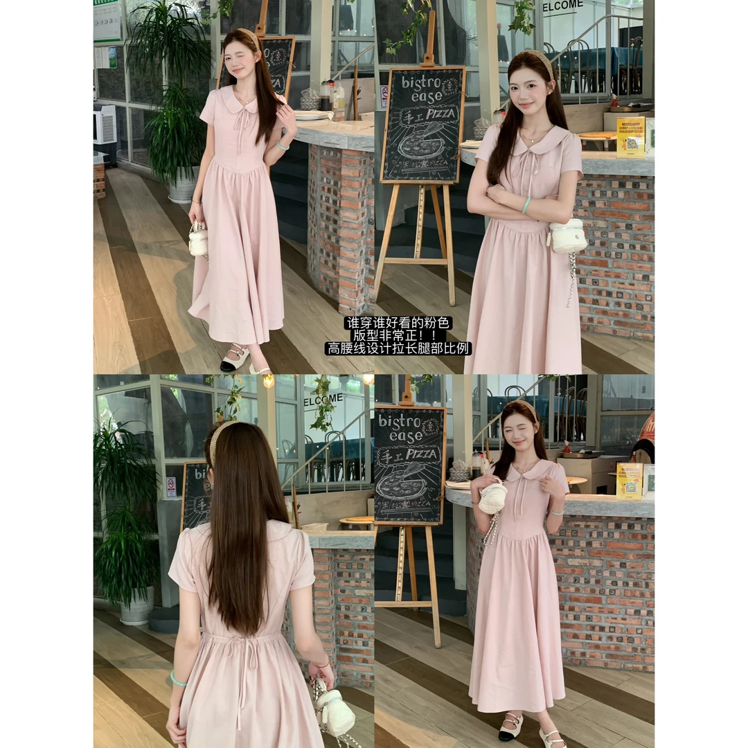 夏季法式设计感小翻领系带收腰大摆短袖衬衫长款连衣裙