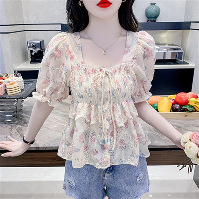 短袖衬衫女2025新款爆款夏季泡泡袖碎花减龄洋气短款雪纺上衣夏款