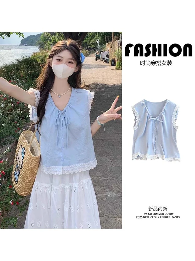 十三行2025夏季新款蕾丝木耳边拼接娃娃小衫背心女甜美无袖衬衫