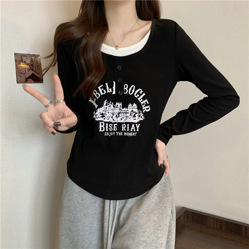 【梦梦】2024冬季新款美式显瘦秋季印花打底设计感修身正肩上衣