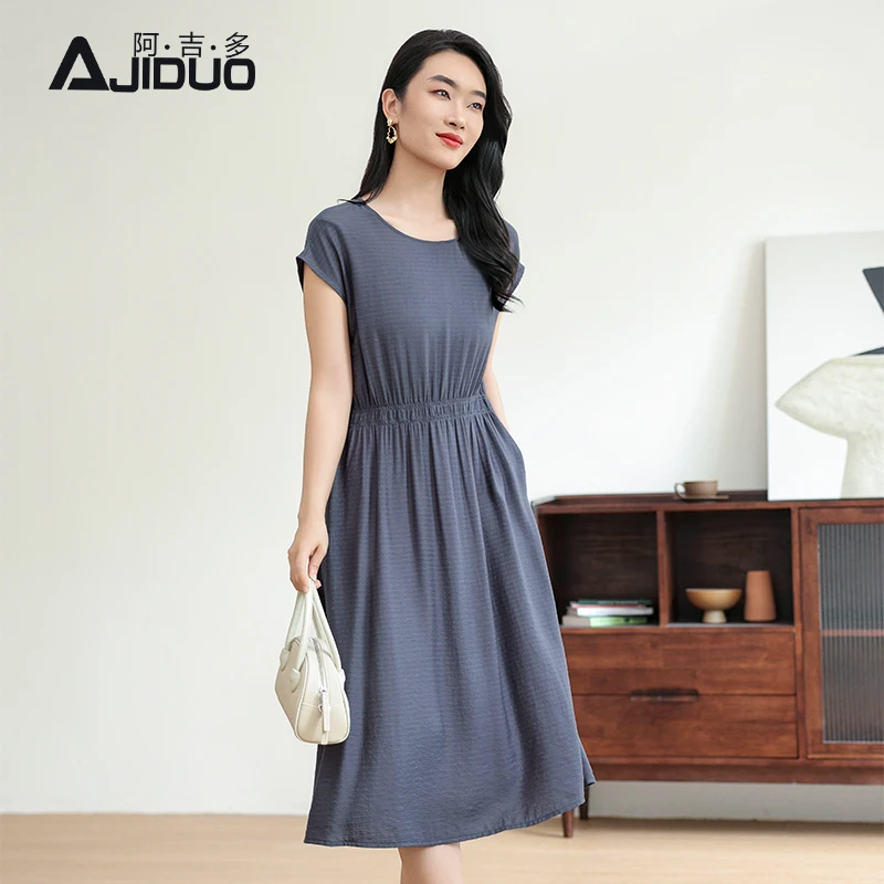 阿吉多短袖连衣裙女2025新款夏季收腰阔太太气质大码高级妈妈裙子
