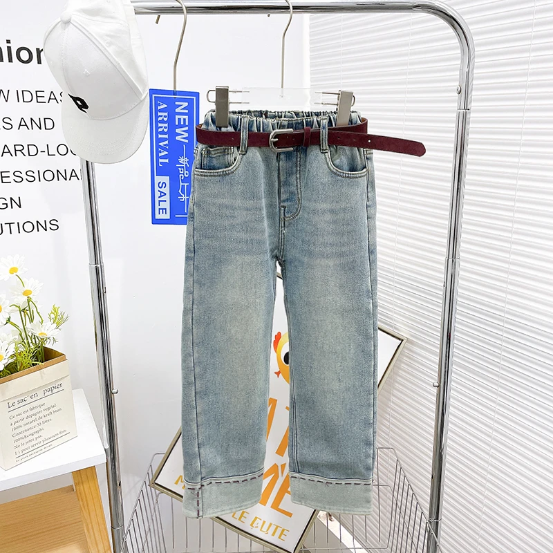 冬季新款女童牛仔裤加绒加厚儿童冬装长款休闲宽松zb5294简约童品