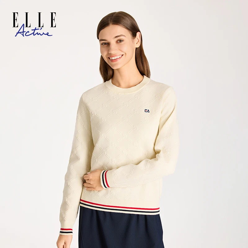 ELLE Active秋冬新款拼色时尚保暖圆领长袖针织衫休闲复古女上衣