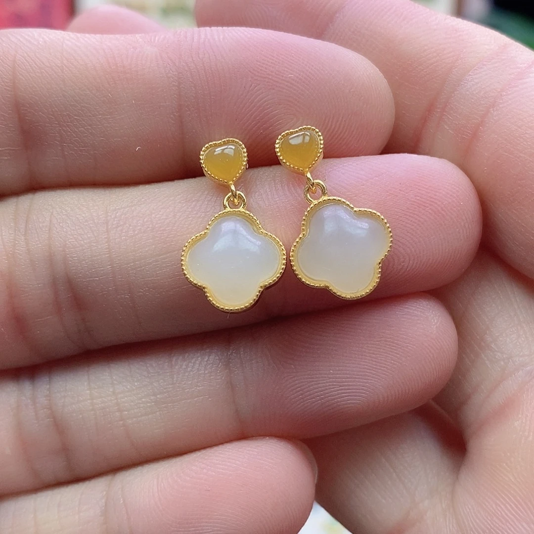 和田玉银S925镶嵌耳饰