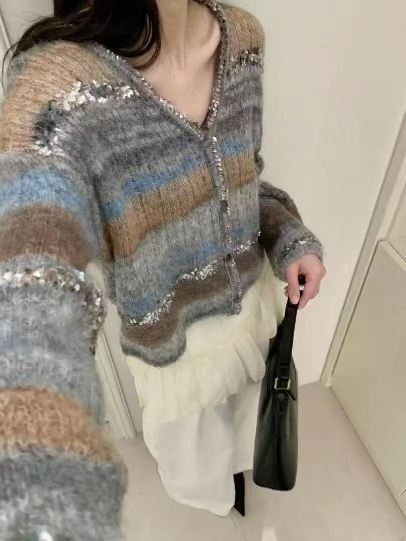 （亮闪闪）彩色撞色V领条纹针织开衫高级休闲气质减龄毛衣上衣外套