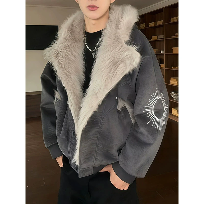 短款云陀绒座山雕夹克棉服男款冬季太阳刺绣加绒加厚保暖棉衣外套