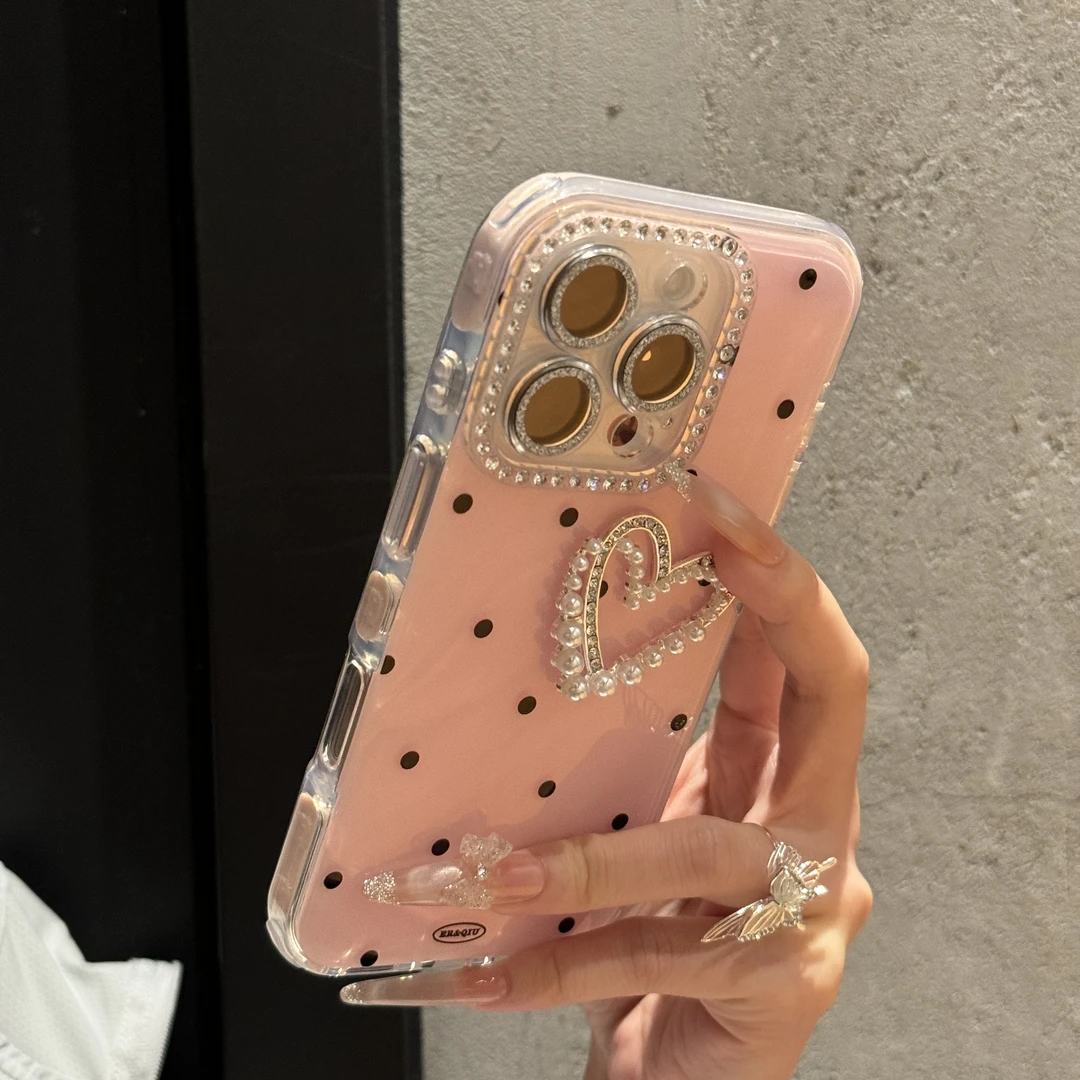 高颜值波点爱心珍珠适用苹果16Promax手机壳iPhone15防摔14硬13女