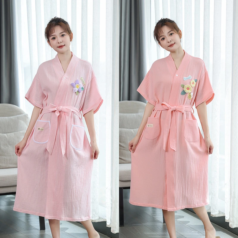25年夏季成人纯棉纱布短袖腰带款浴裙睡袍薄款纱布浴袍吸水速干
