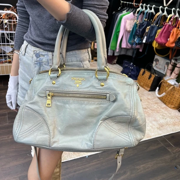 95新 Prada/普拉达 XM/薄荷绿开口笑油蜡皮机车包/MS09117356