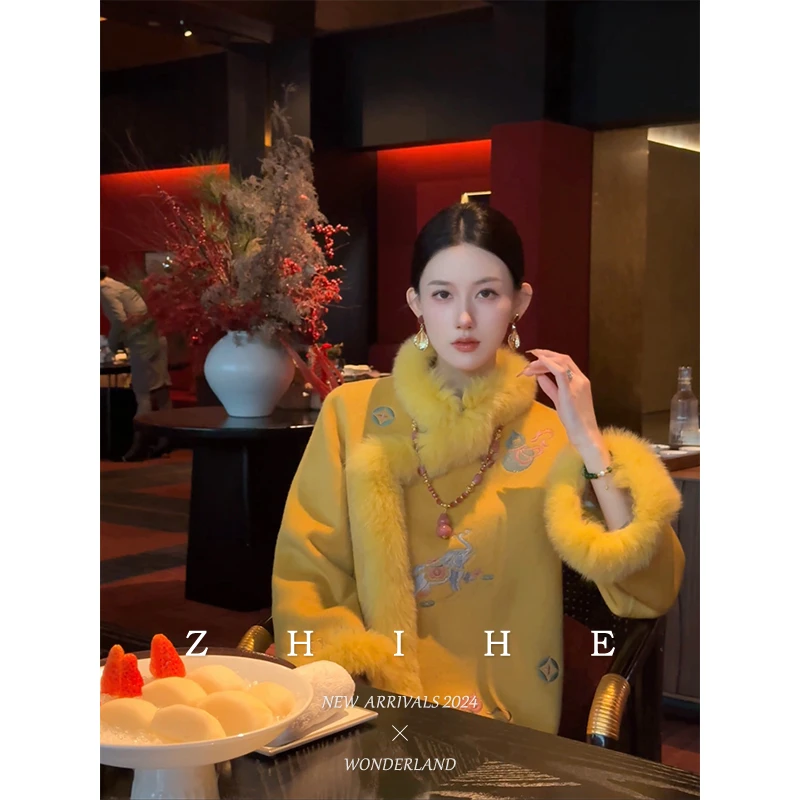 至禾Wonderland【瑞象来仪】手工坊-100羊毛刺绣狐狸毛双面呢大衣