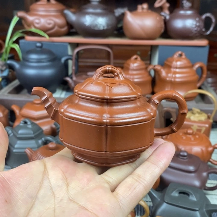 茶壶紫砂六方竹鼓150cc原矿赵庄朱泥特价