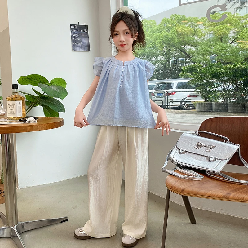 女童夏季甜美飞袖娃娃衫休闲裤套装新款女大童韩版薄款阔腿裤儿童