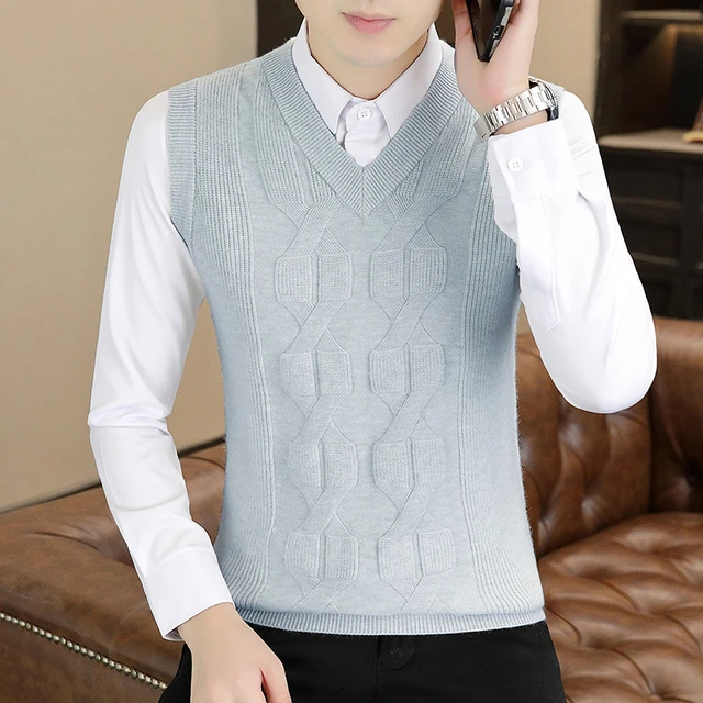 秋冬季线衣马甲男士V领针织背心韩版修身潮流扭花鸡心领无袖毛衣