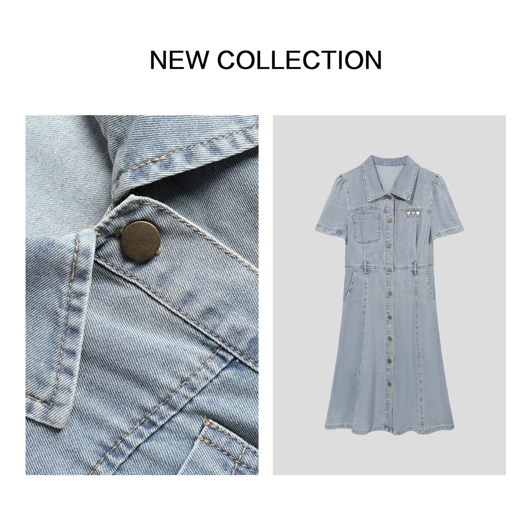【诗语专属】浅蓝色牛仔翻领纽扣中长裙L5F30050