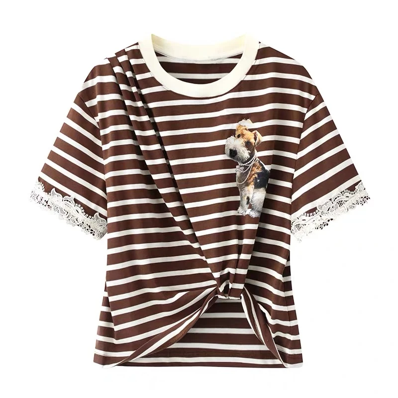 1936夏季2025新款宽松不规则撞色条纹卡通小狗印花短袖T恤