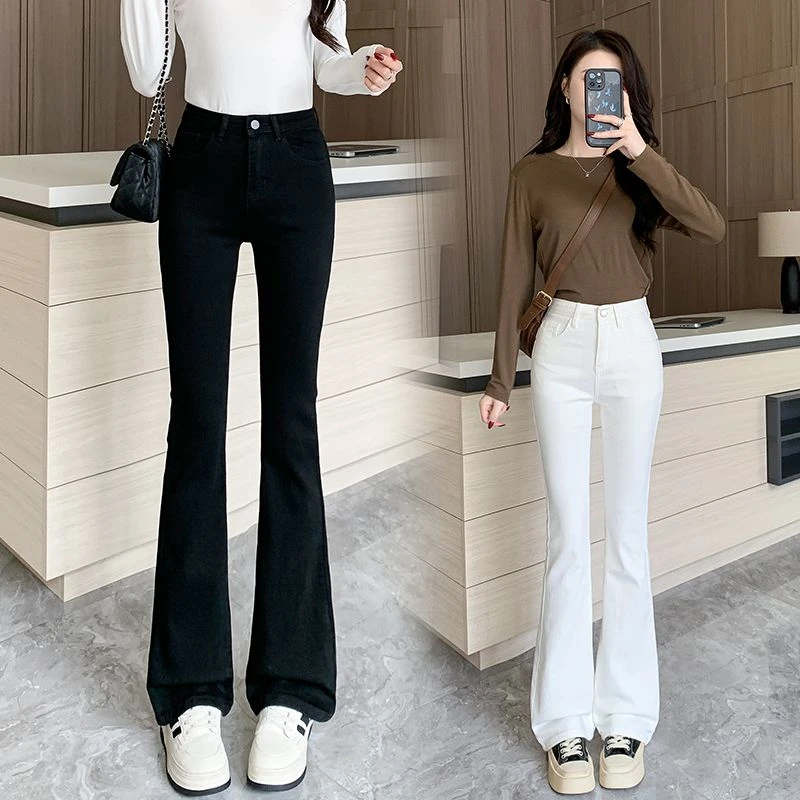 黑白色爆款喇叭裤牛仔裤女秋冬2025新款高腰弹力显瘦百搭女孩穿搭