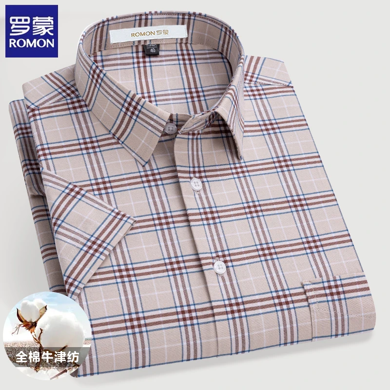 罗蒙100%纯棉牛津纺易打理衬衫男士短袖百搭格子免烫商务修身衬衣