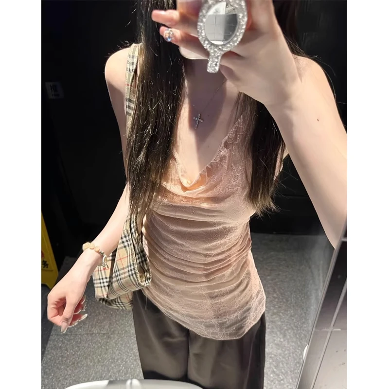 蕾丝荡领吊带背心女夏季2025新款修身遮副乳设计感无袖纯欲风上衣