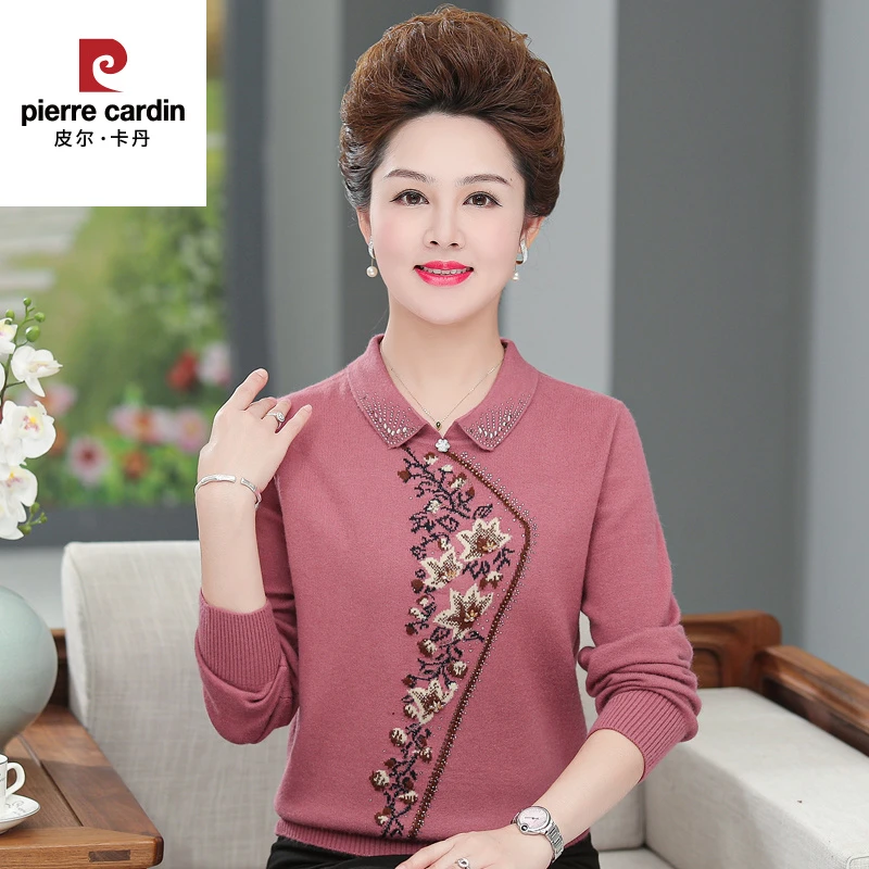 皮尔卡丹加大码妈妈装秋装打底衫翻领针织小衫中老年毛衣女绣花老