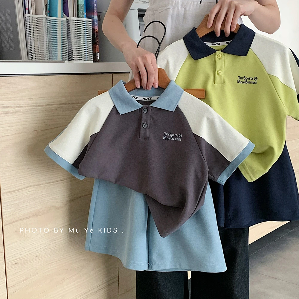 my7707童装男女童撞色拼接翻领t恤宝宝短袖五分裤