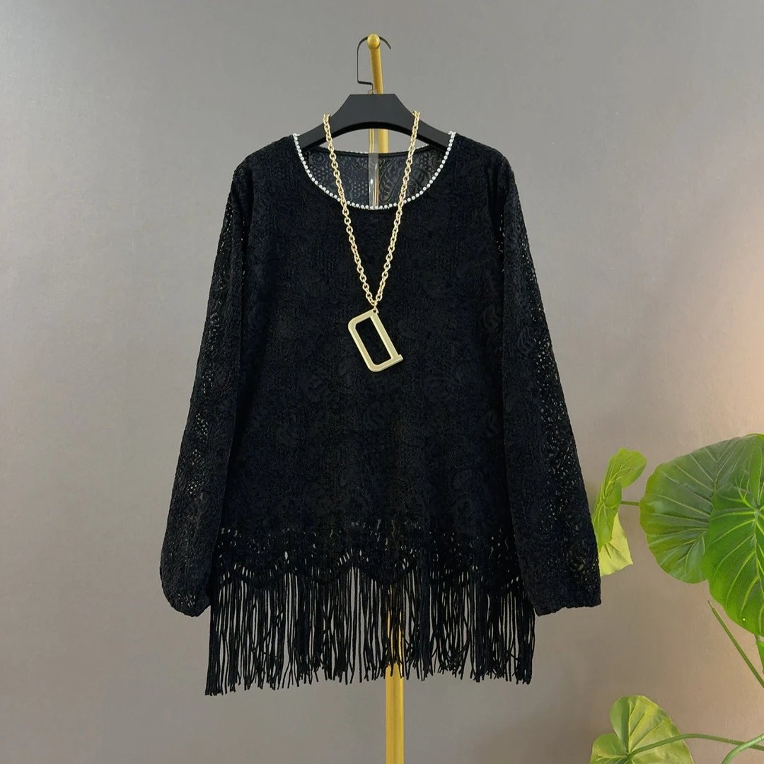 法式洋气胖MM圆领重工蕾丝底摆流苏宽松遮肉新款长袖大码女装衫