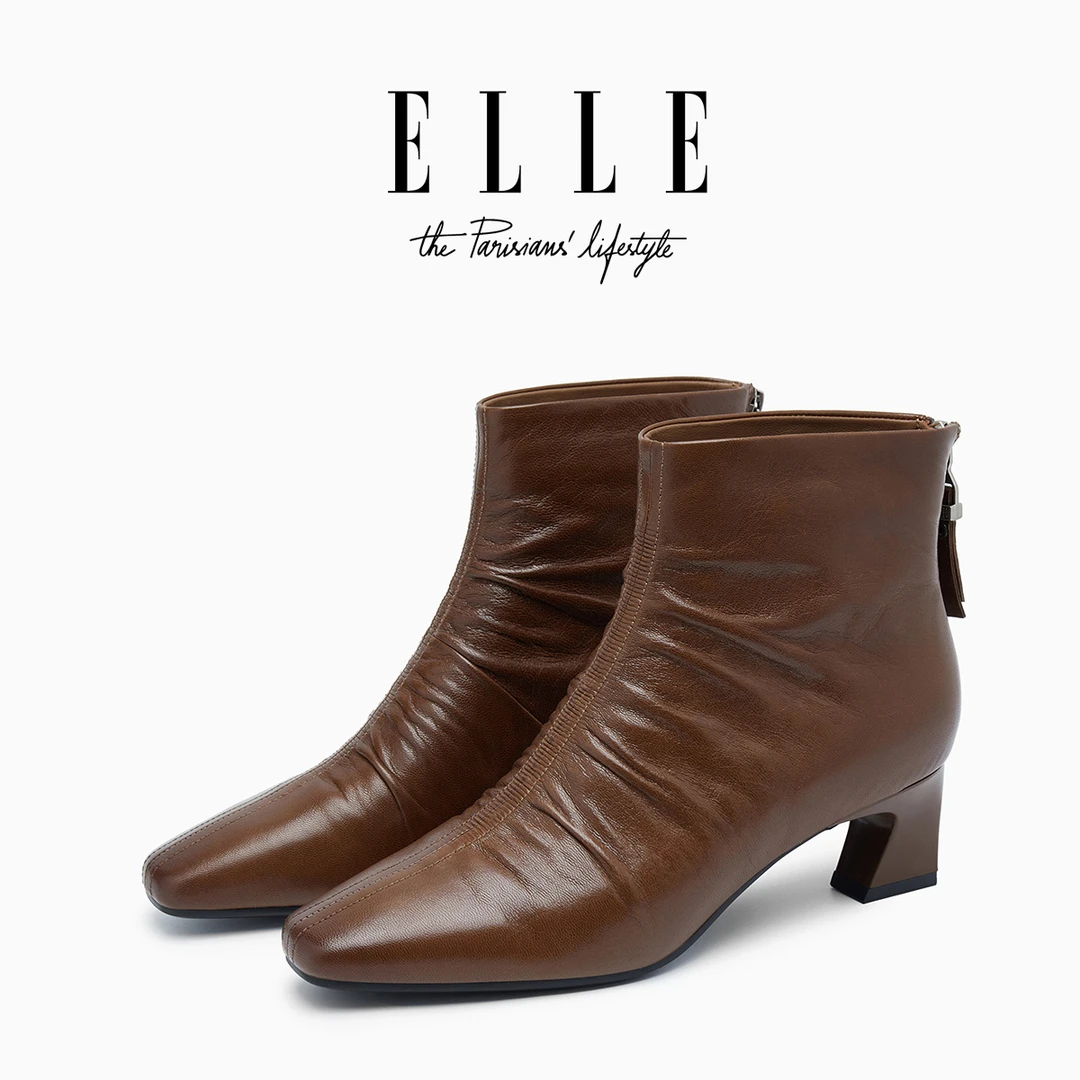 ELLE设计感褶皱方头瘦瘦靴女2025新款真皮粗跟百搭裸靴后拉链短靴