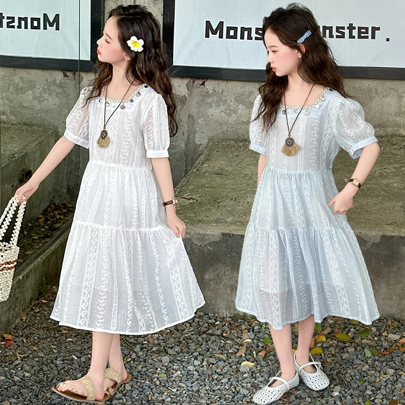 女童夏季薄款连衣裙2025新款女大童时髦泡泡袖儿童夏装女孩长裙子