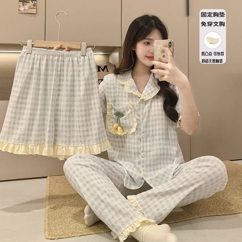 夏季新款郁金香短袖带杯垫三件套格子睡衣清新甜美透气女套装2020