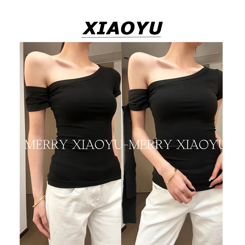 【年中青青】辣妹斜肩绑带设计感T恤女显瘦小众别致上衣