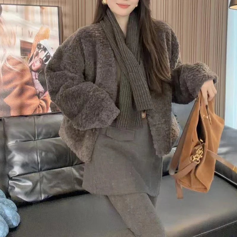 2025秋冬新款时尚宽松型韩版上衣V领长袖短外套潮流设计感女