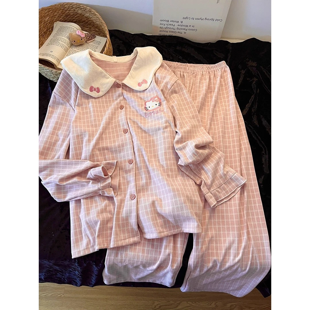 韩版粉色格纹甜美kitty猫德绒睡衣女秋冬亲肤软糯长袖居家服