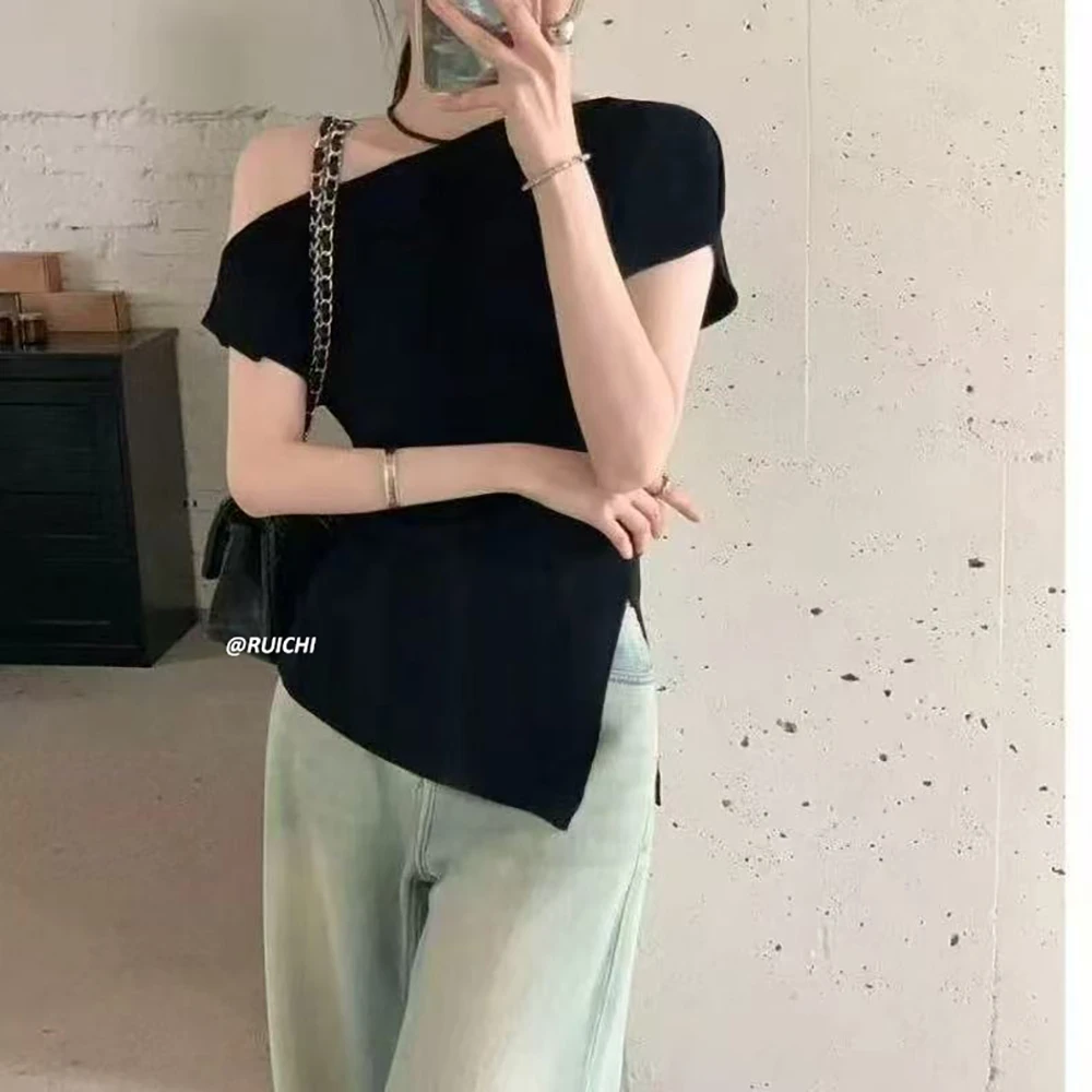 南法氛围感斜肩套头短袖针织衫2025夏季新款通勤百搭慵懒打底内搭