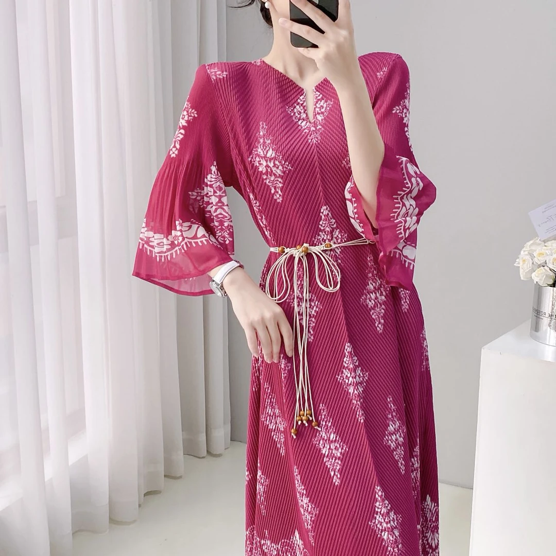 褶皱喇叭袖长裙印花中年女装女士中长款大码显瘦气质时尚性感夏季