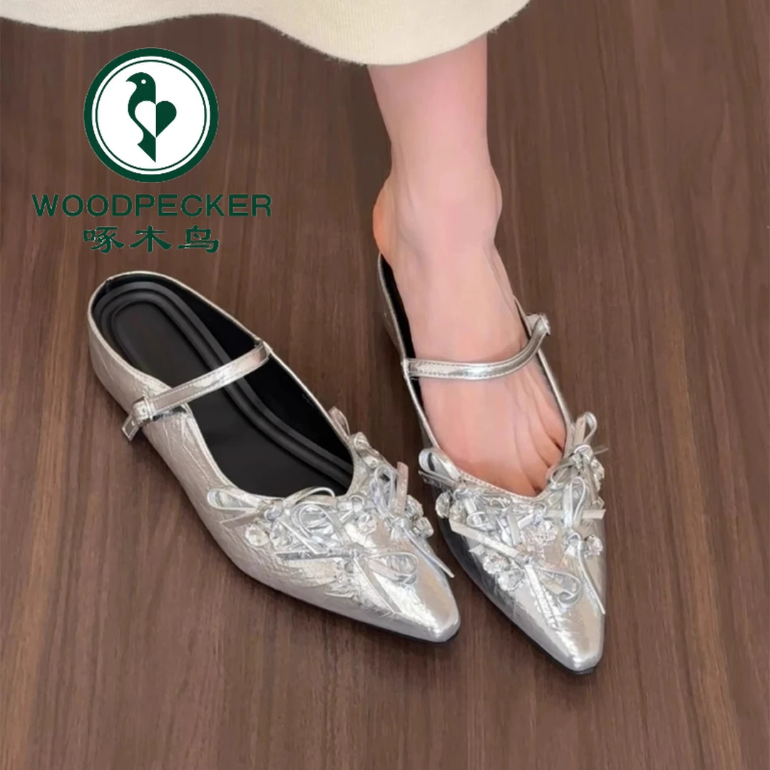 啄木鸟内增高银色包头拖鞋女鞋子外穿新款春夏季玛丽珍蝴蝶结单鞋