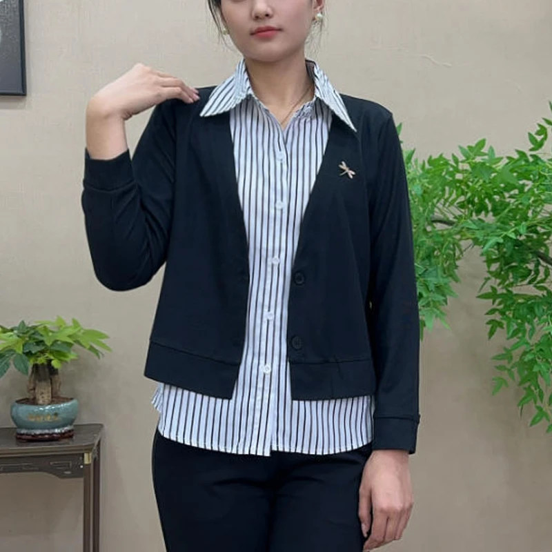 气质翻领女装时尚套装假两件早秋休闲风拼接显瘦长袖女士针织衫