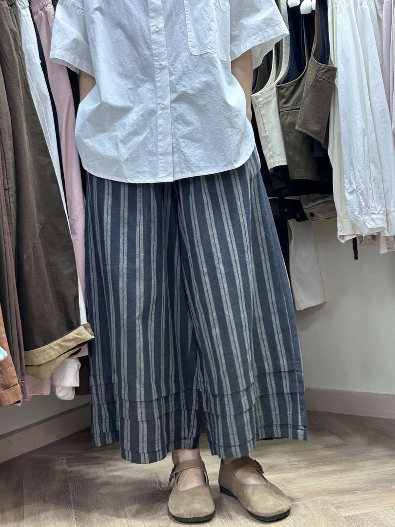复古竖条纹直筒裤棉麻舒服薄款夏季