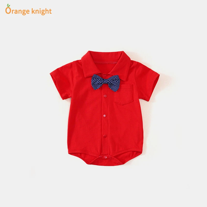 婴儿百天小礼服男满月衣服男孩红色拍照哈衣宝宝周岁夏装包屁衣薄