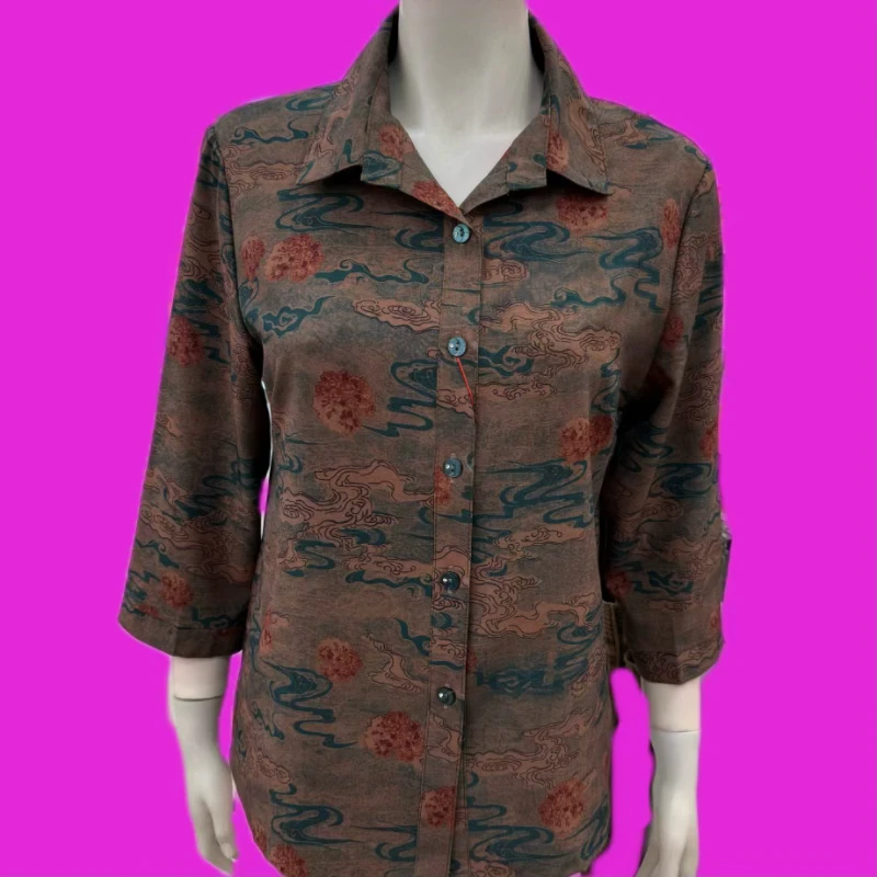 宽松型休闲风薄款中老年女装老年人宽松七分袖衬衫夏季洋气衬衣