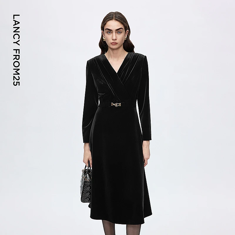 朗姿丝绒V领收腰A字赫本风礼服裙优雅显瘦连衣裙女2025年冬季新款