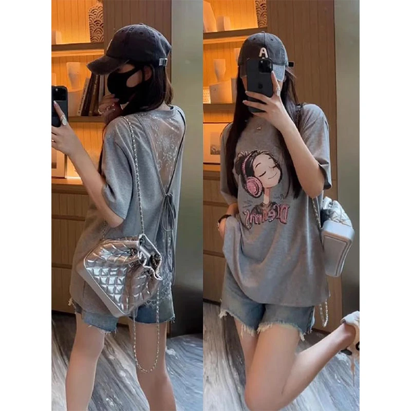 2025春秋新款圆领卡通印花短袖T恤女设计感露背拼接宽松显瘦上衣