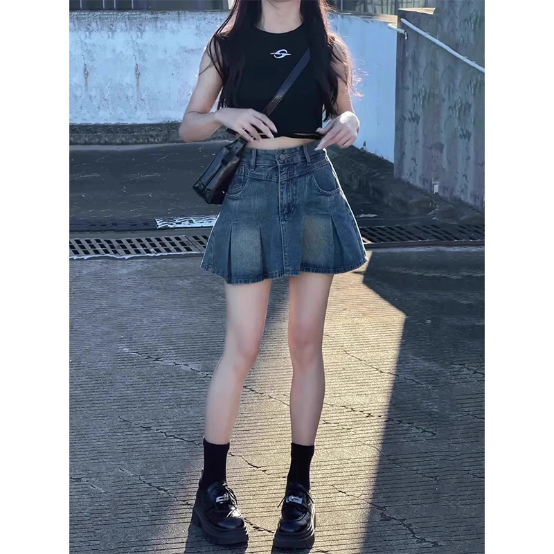 【晶晶】高腰牛仔百褶裙小个子女夏季新款辣妹半身裙百搭A字短裙